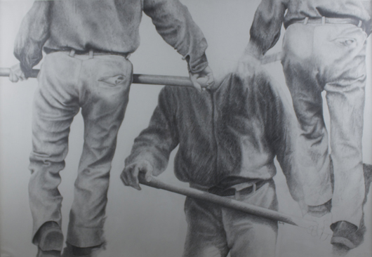 Yvon Vey-Pissarro (b. 1937-), 'Farmhands,' Pierre noire on paper, 29 ¼ x 42 ⅜ inches (74.3 x 107.7 cm), framed 33 ⅞ x 46 ⅞ inches (86 x 119 cm). Signed Yvon Vey between the handle and the trousers of the lower right man. Executed 1982. Image courtesy Stern Pissarro Gallery